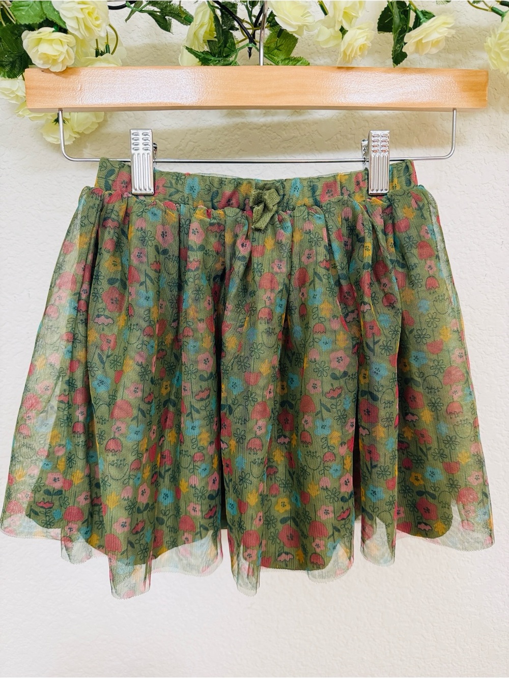 Peppa • Floral Layered Chiffon Ruffle Elastic Pull On Skirt in Olive Green